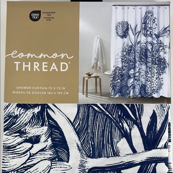 Common Thread Shower Curtain Large Floral Design Blue White 72 x 72 NEW - Picture 3 of 9